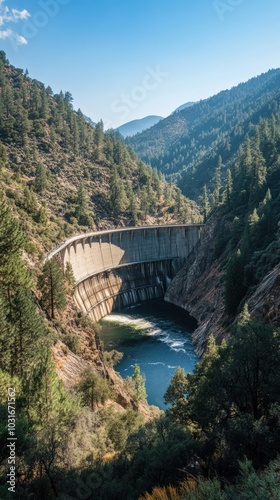 A hydroelectric dam with flowing water generating clean energy