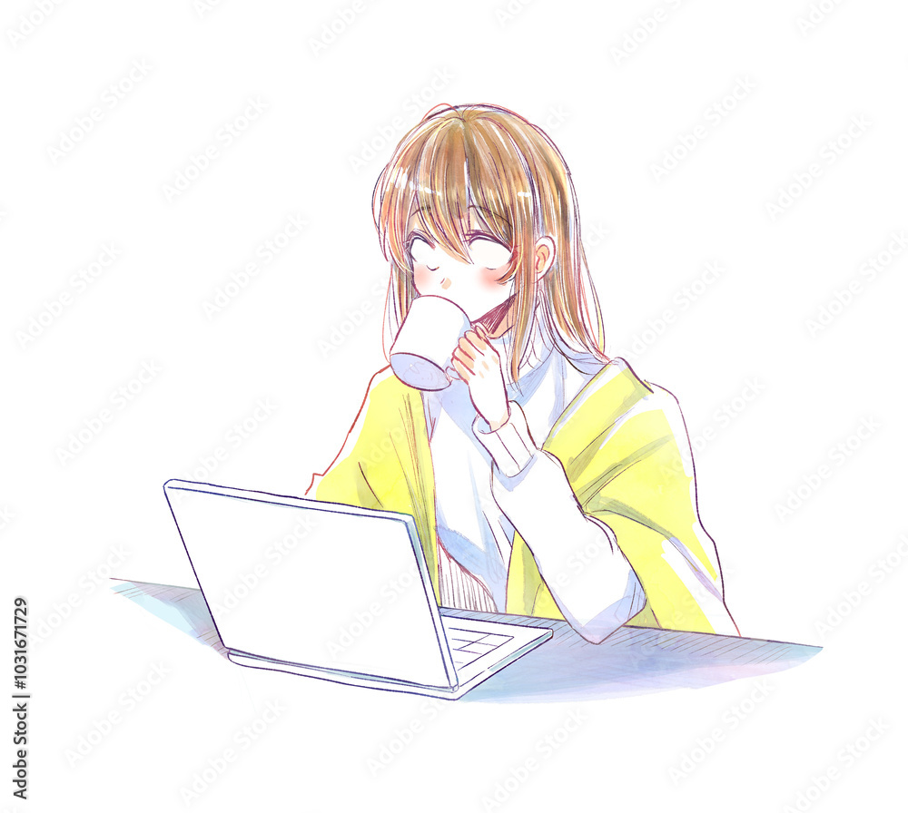 パソコンを操作しながら白目の女性