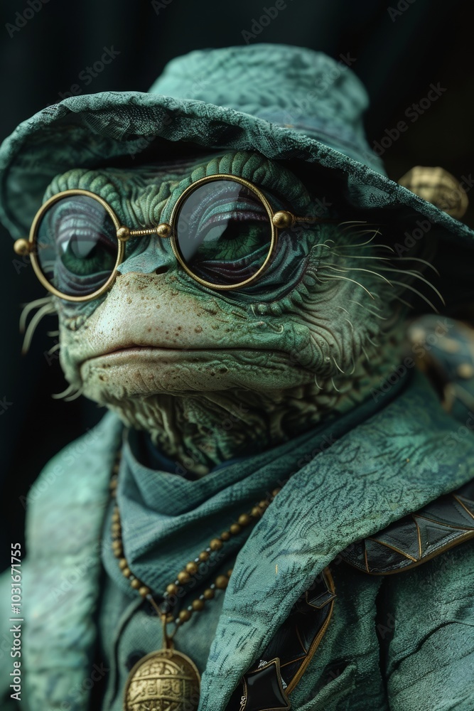 mysterious, steampunk-inspired frog character dressed in elaborate clothing with glasses, wisdom and curiosity. for fantasy, steampunk, or whimsical themes
