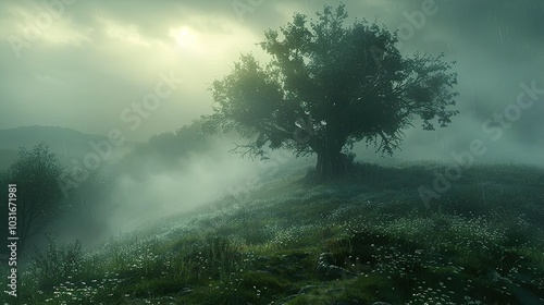 Misty Landscape With Rain and a Lone Tree