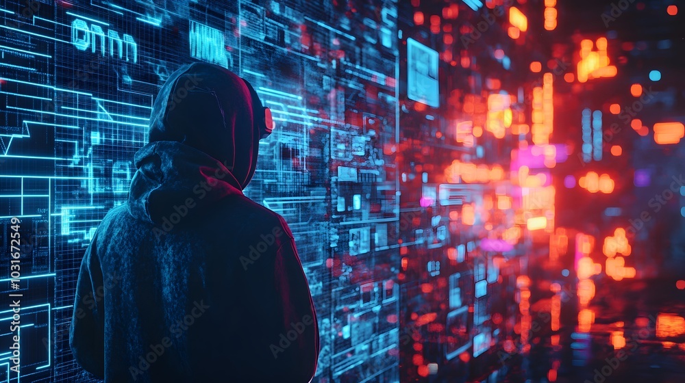 Virtual reality, cyberspace and metaverse concept with back view on human in hoody looking at virtual wall with abstract digital interface on neon lights background Virtual reality, cyberspace and metaverse concept with back view on human in hoody looking at virtual wall with abstract digital interface on neon lights background