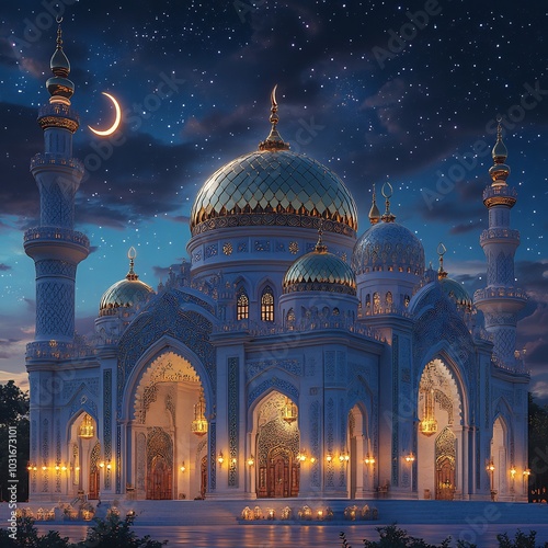 Ornate 3D mosque featuring golden dome crescent moon twinkling stars above all against a rich blue night sky creating an Eidthemed visual with warm lighting photo