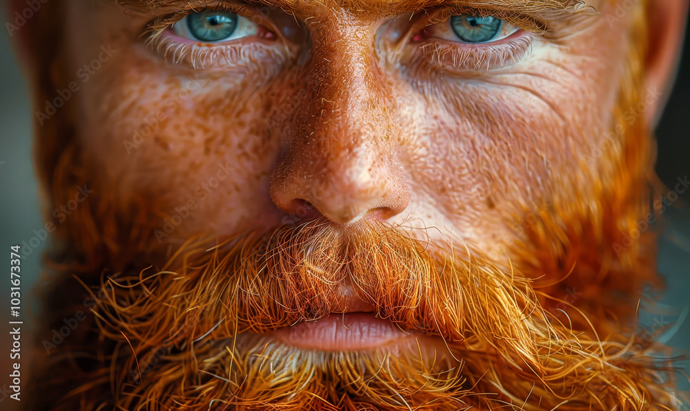 Close-Up Red Beard Styling, Trendy Barber Shop Concept, Modern Male Grooming, Fashionable Facial Hair, Daytime Portrait Close-Up Red Beard Styling, Trendy Barber Shop Concept, Modern Male Grooming, Fashionable Facial Hair, Daytime Portrait