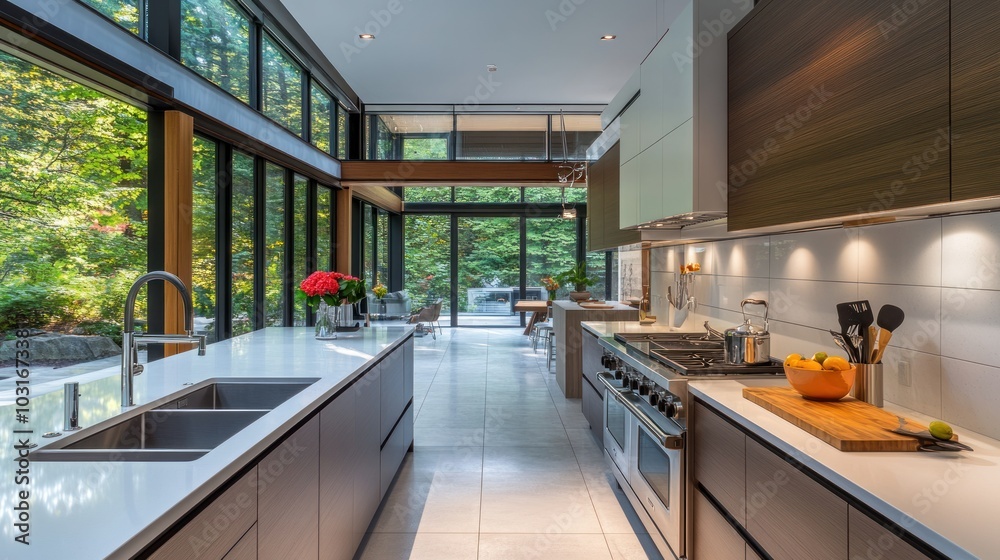 Modern Kitchen with Large Windows Overlooking Lush Greenery Modern Kitchen with Large Windows Overlooking Lush Greenery