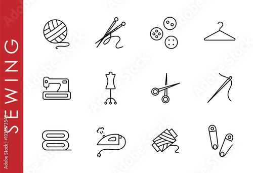Set of tools for sewing and embroidery. Threads, sewing machines, scissors, pins. Craft and handmade sew needlework design elements. Vector illustrations of sewing tools, equipment and accessories