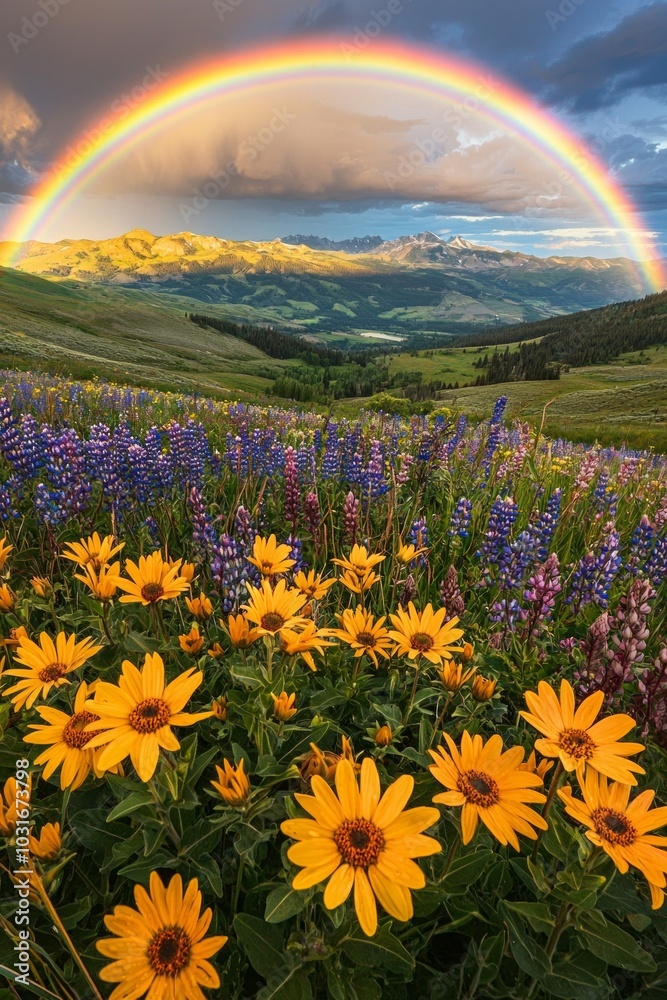 A vibrant rainbow arcing over a field of wildflowers after a summer rain. A vibrant rainbow arcing over a field of wildflowers after a summer rain.