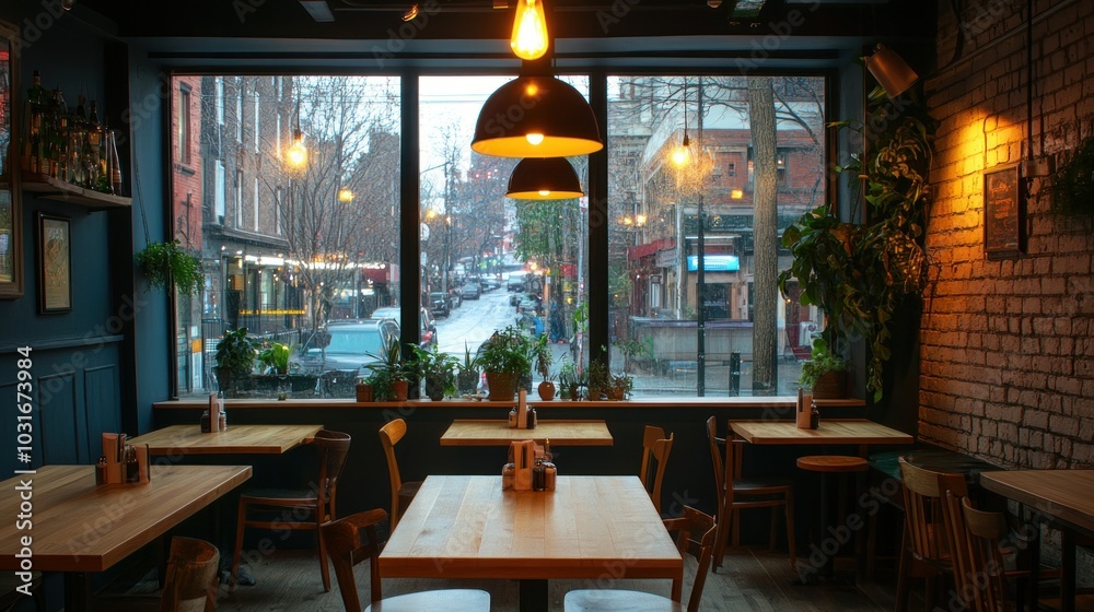Obraz premium Empty restaurant tables with city street view through large window