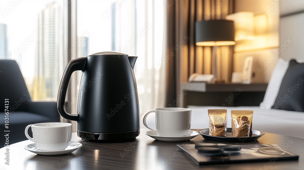 Fototapeta premium A sleek black kettle sits on a table beside two cups and a plate of snacks, set in a stylish hotel room with warm lighting.