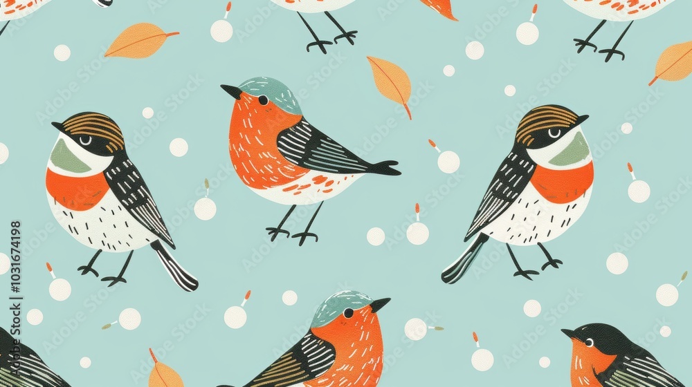 Charming Pattern with Colorful Birds and Autumn Leaves Charming Pattern with Colorful Birds and Autumn Leaves