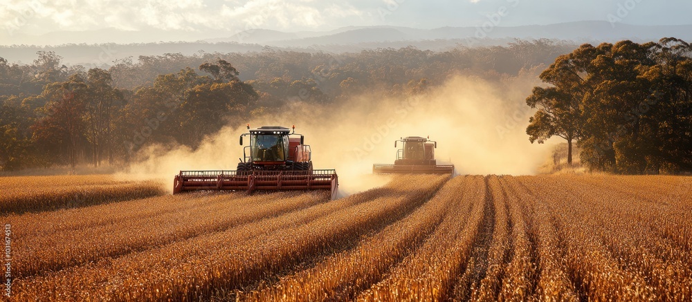 Fototapeta premium Two red combine harvesters working in a field of golden wheat at sunset, leaving a trail of dust behind them.