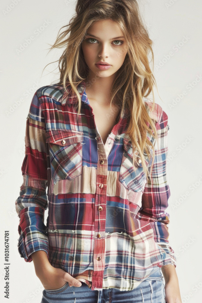 Confident Young Woman in Plaid Shirt and Jeans Posing Confident Young Woman in Plaid Shirt and Jeans Posing