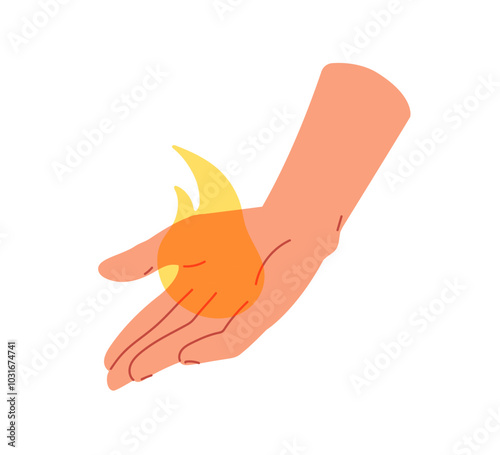 Fire in hand. Giving, holding heat, warmth, burning flame, hot fireball. Magic power, mystery energy, witchcraft, esoteric concept. Supernatural flat vector illustration isolated on white background