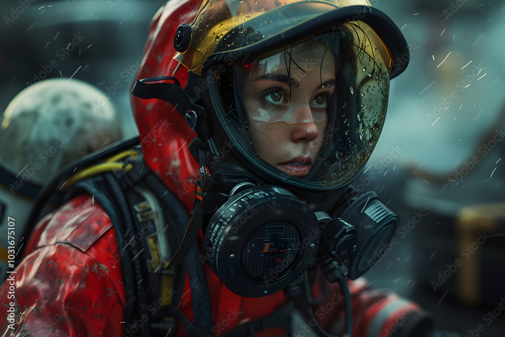 A young female firefighter in a bright red suit, wearing a gas mask, prepares for action amidst a rain-soaked, smoky environment. A young female firefighter in a bright red suit, wearing a gas mask, prepares for action amidst a rain-soaked, smoky environment.