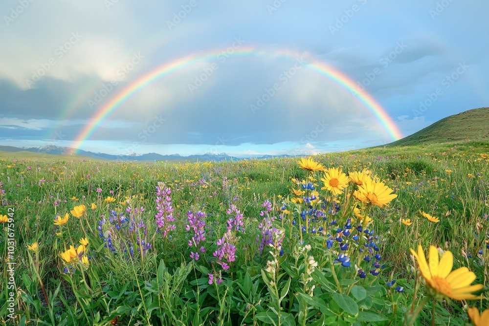 Naklejka premium A vibrant rainbow arcing over a field of wildflowers after a summer rain.