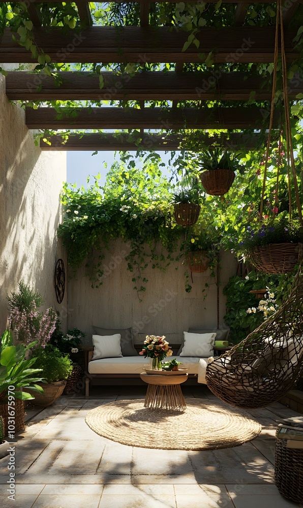38. A simple outdoor terrace with hanging plants 38. A simple outdoor terrace with hanging plants
