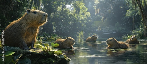 Four capybaras enjoying a refreshing swim in a clear pond amidst lush greenery.