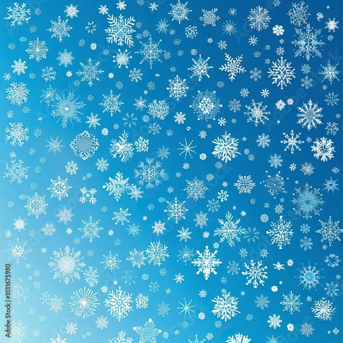 Christmas illustration with various small snowflakes on gradient background in blue colors, Christmas Background, New Year's eve