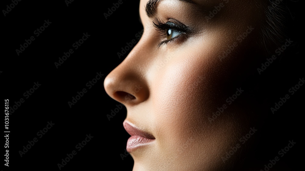 eyes closed, nose slightly tilted to the side against a black backdrop eyes closed, nose slightly tilted to the side against a black backdrop