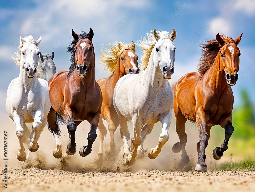 Obraz premium A group of horses running in a line in the sand
