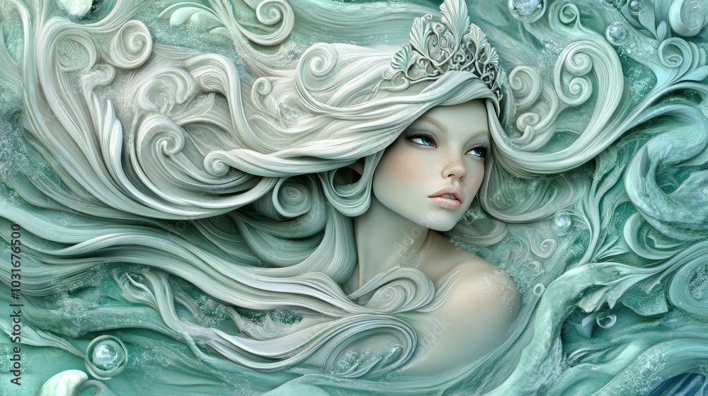 Ethereal Aquatic Fantasy Woman with Flowing Hair