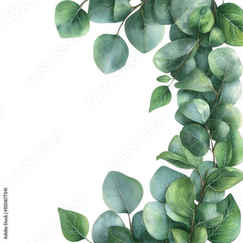 Watercolor Eucalyptus Branch Border  Green Leaves  White Background  Floral Design