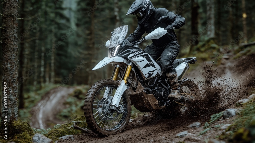 Adventure Motorcycle Rider on Forest Trail with Mud and Dust Adventure Motorcycle Rider on Forest Trail with Mud and Dust