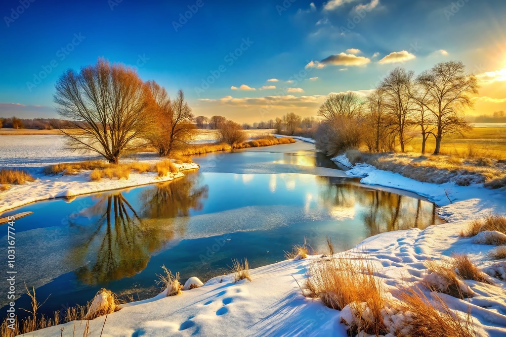 Fototapeta premium Sunny Panoramic Early Spring Landscape with Frozen River and Snow-Covered Fields in a Bright March Morning
