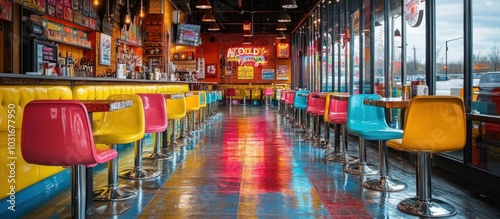 Wallpaper Mural Empty colorful booths and bar stools in a retro style diner with a view of a street outside. Torontodigital.ca