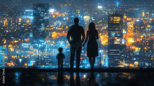 The father and daughter viewing an abstract futuristic city lit with glowing particles at night, illustration of a digital art style, sci-fi urban landscape, and the bond between father and daughter