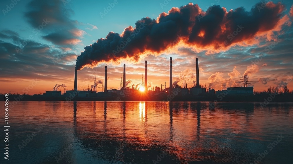 Industrial Factory with Smokestacks Emitting Pollution into Sky Industrial Factory with Smokestacks Emitting Pollution into Sky