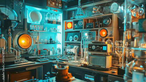 A retrofuturistic laboratory filled with glass flasks, vintage telescopes, and futuristic-looking radios