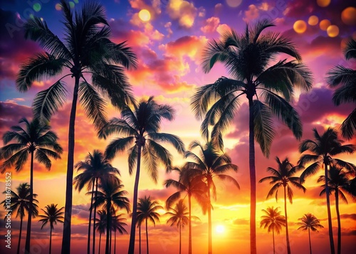 Sunrise Retro Tropical Palm Trees with Colorful Bokeh and Abstract Sunset Sky Background