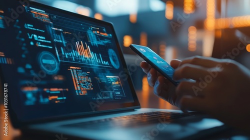 A person's hands using a smartphone and laptop, both displaying charts and graphs, in a dimly lit office.