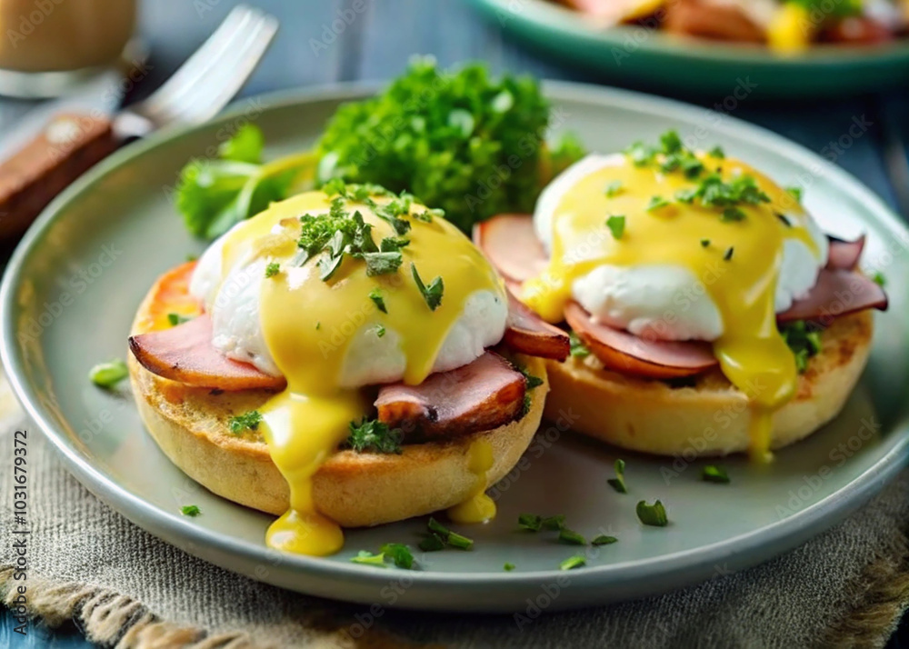 Classic Eggs Benedict with Ham, Poached Eggs, Beef, Meat and Hollandaise Sauce on English Muffins Classic Eggs Benedict with Ham, Poached Eggs, Beef, Meat and Hollandaise Sauce on English Muffins