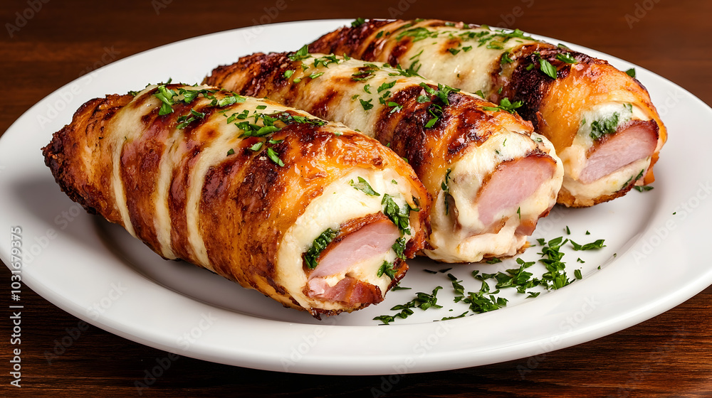 Mouth-Watering Chicken Milanese Stuffed with Savory Ham and Gooey Cheese, Deliciously Presented on a White Plate Mouth-Watering Chicken Milanese Stuffed with Savory Ham and Gooey Cheese, Deliciously Presented on a White Plate