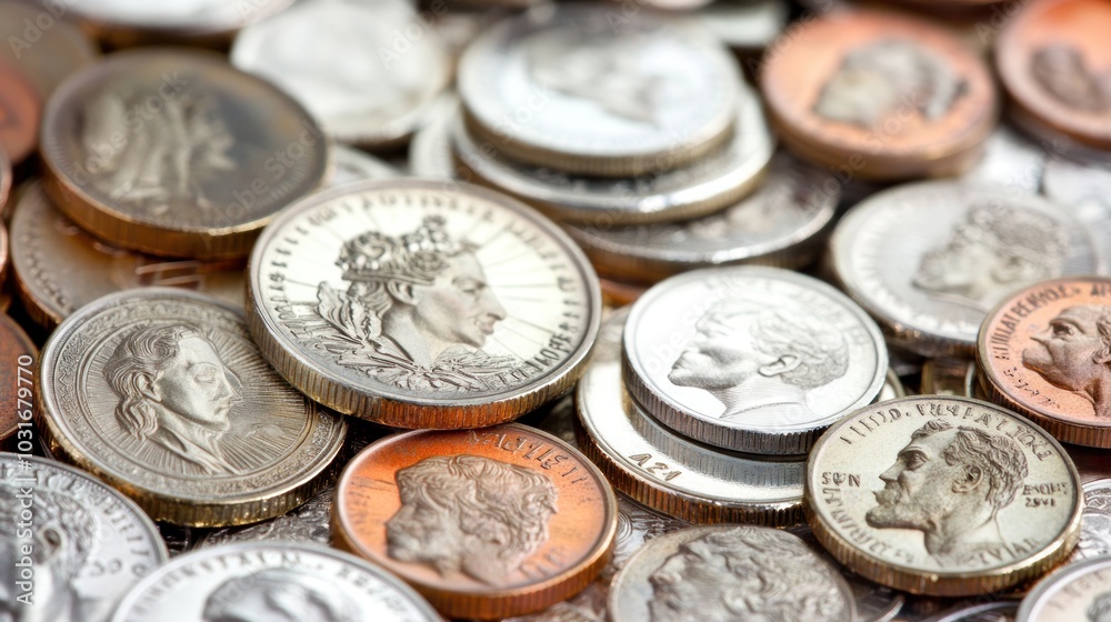 A collection of various coins scattered on a surface. A collection of various coins scattered on a surface.