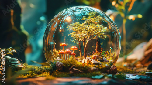 A tiny enchanted forest captured within a crystal-clear glass ball with glowing mushrooms and vibrant miniature trees