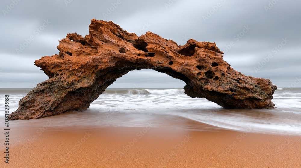 Natural Rock Archway on Sandy Beach with Waves and Cloudy Sky