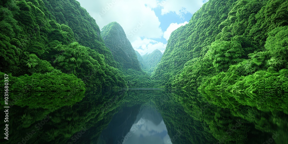 Tranquil Mountain Lake Reflection in Lush Green Forest Tranquil Mountain Lake Reflection in Lush Green Forest
