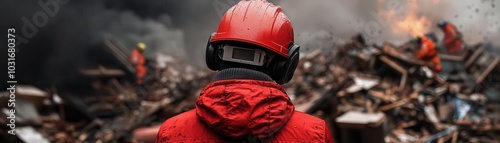 Reporter broadcasting from a disaster site, surrounded by debris and rescue teams, reporter, disaster reporting photo