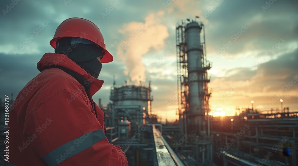 Industrial Engineer Overlooking Oil Refinery at Sunset Industrial Engineer Overlooking Oil Refinery at Sunset