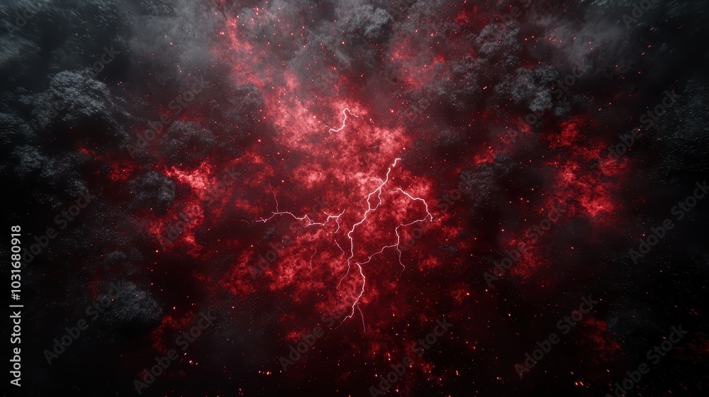 Obraz premium A vivid explosion of red light and dark smoke creates a dramatic, otherworldly atmosphere, evoking feelings of power and intensity.