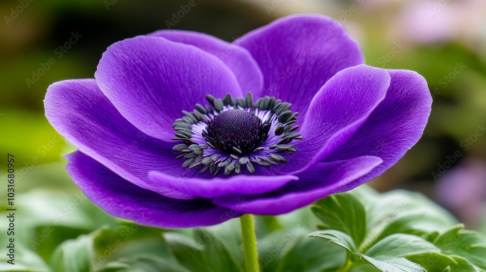  A tight shot of a purple bloom against a backdrop of out-of-focus green foliage