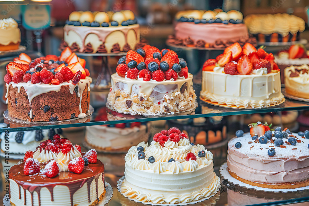 Delicious birthday cakes decorated with fruits sitting on shelves in bakery display case Delicious birthday cakes decorated with fruits sitting on shelves in bakery display case