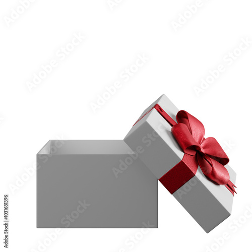 White gift box with red ribbon isolated on empty background. Christmas present  for holiday sale shop design element.
