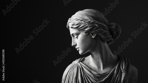 The elegant Greek Statue Woman Bust on Black Background is an antique Roman sculpture in the Classical Art style