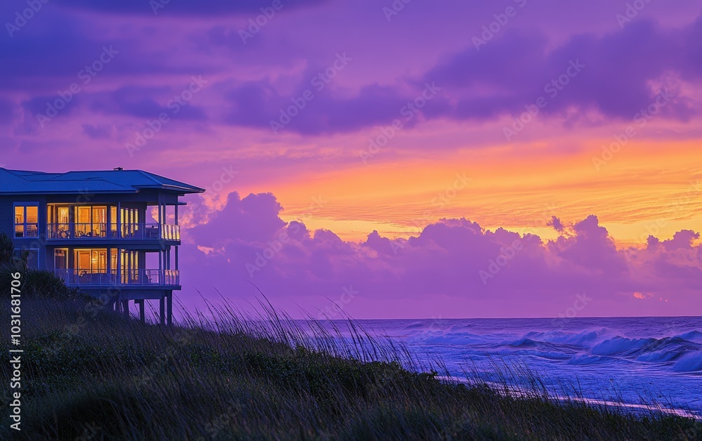 Beachfront house at dusk in the summer, with the sky transitioning from orange to deep purple, waves gently crashing in the background. Beachfront house at dusk in the summer, with the sky transitioning from orange to deep purple, waves gently crashing in the background.