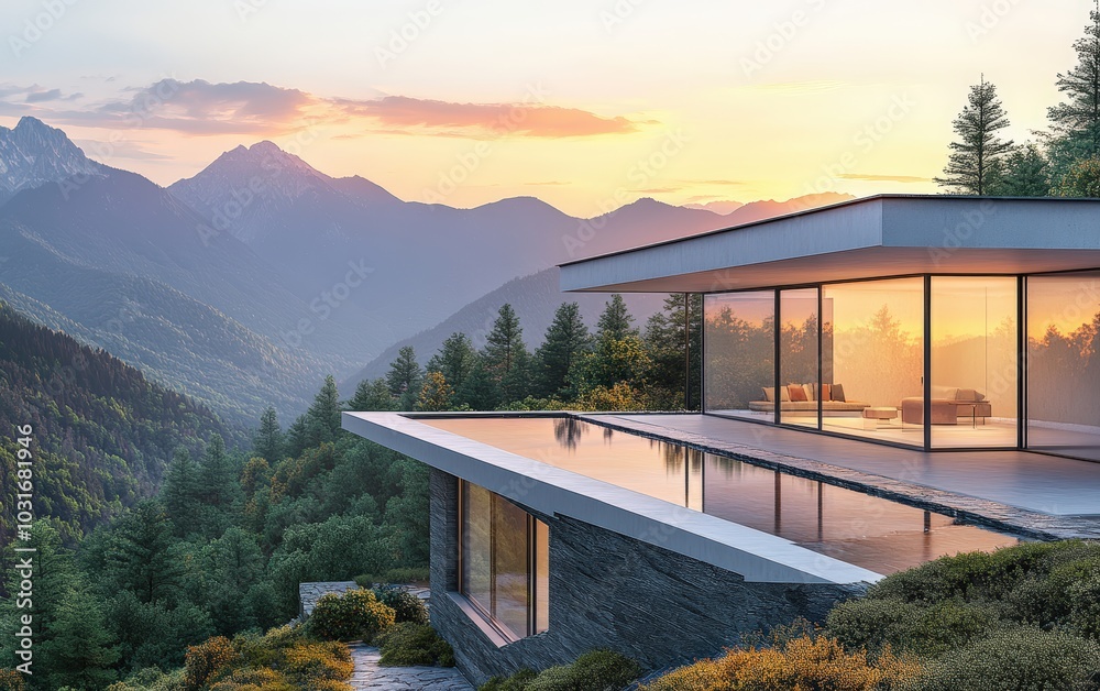 Contemporary house in the mountains during sunrise, with large glass windows reflecting the breathtaking view of the peaks and forests. Contemporary house in the mountains during sunrise, with large glass windows reflecting the breathtaking view of the peaks and forests.