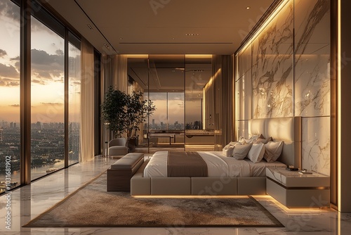 Luxurious penthouse bedroom with designer furniture, marble finishes, and floor-to-ceiling windows, [Furniture], [Penthouse luxury]