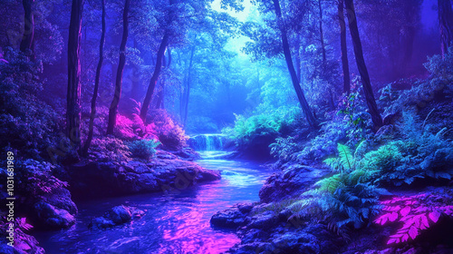 Fototapeta Naklejka Na Ścianę i Meble -  A mystical forest clearing at dawn with neon blue and purple shades illuminating the tranquil river and vibrant flora